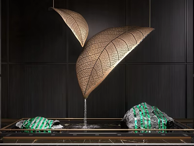 Elegant Water Fountain with Golden Leaf Shaped Structures and Green Striped Decor on Dark Background 3d model