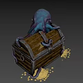Octopus Shaped Game Movie Character Emerging From Wooden Treasure Chest With Scattered Gold Coins