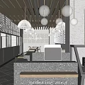 Restaurant Open Kitchen Interior With Cooking Equipment Shelves And Takeout Counter