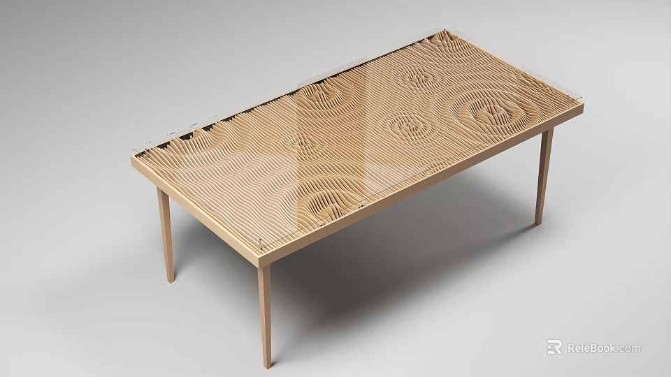 Sleek Modern Dining Table With Wooden Frame And Wave Pattern Textured Tabletop 3d model 