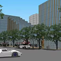 Vibrant Commercial Street With Outdoor Seating Red Umbrellas Modern Buildings And Trees