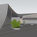 Modern Sales Office Building With Curved Metal Facade Large Glass Windows And Green Plants