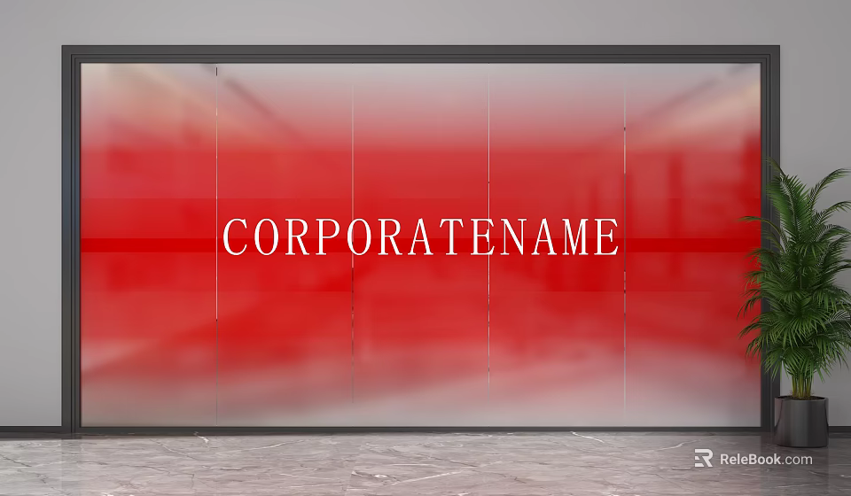 Red Glass Partition With Corporate Name Display In Office Interior And Marble Floor 3d model 