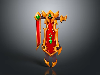 Elegant Red Shield With Golden Ornaments Green Gemstones And Decorative Patterns 3d model