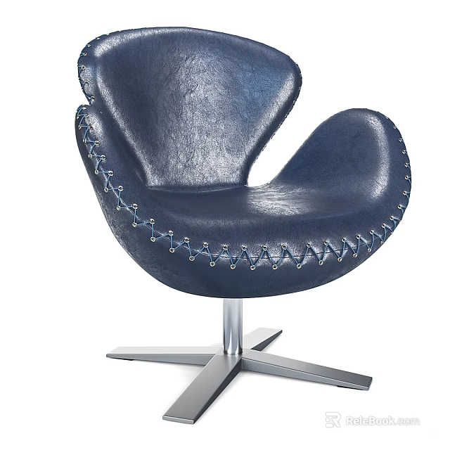 Elegant Navy Blue Leather Single Sofa With Curved Backrest Stitching Detail And Silver Metal Base 3d model 