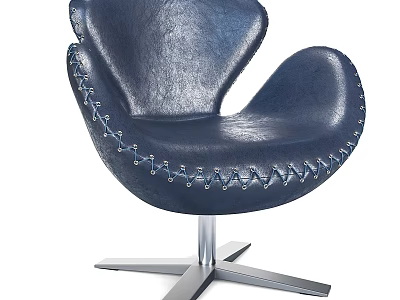 Elegant Navy Blue Leather Single Sofa With Curved Backrest Stitching Detail And Silver Metal Base 3d model