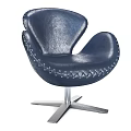 Elegant Navy Blue Leather Single Sofa With Curved Backrest Stitching Detail And Silver Metal Base