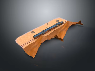 Model Train Traveling on Curved Tracks Over Brown Terrain Landscape 3d model