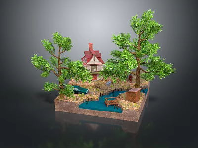 Cartoon Scene with Red Roof House Green Trees Small Pond Wooden Bridge and Car 3d model