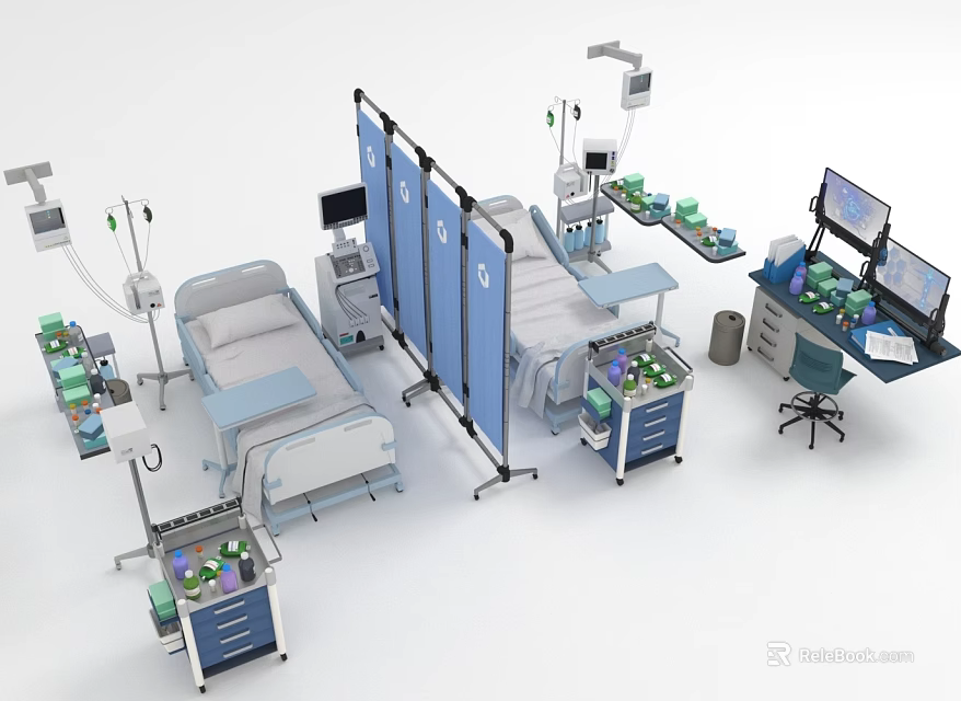 Medical Furniture in Clinical Setting With Hospital Bed Cabinets And Mobile Tables 3d model 