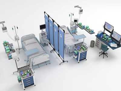 Medical Furniture in Clinical Setting With Hospital Bed Cabinets And Mobile Tables 3d model