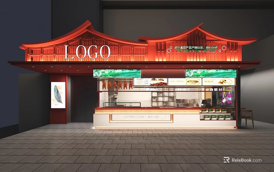 Traditional Chinese Style Restaurant Exterior With Red Roof Green Awning And Food Display Counter 3d model 