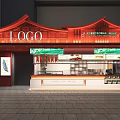 Traditional Chinese Style Restaurant Exterior With Red Roof Green Awning And Food Display Counter