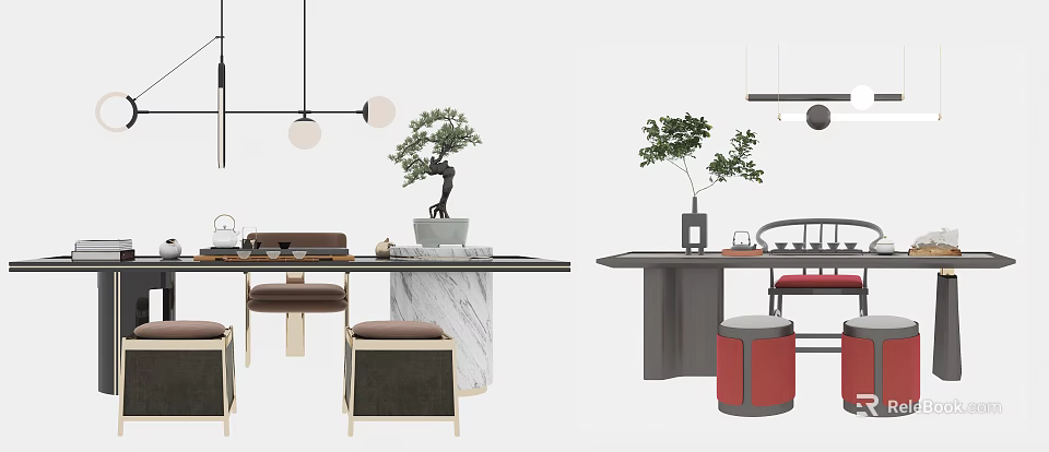 Modern Tea Table And Chairs With Marble Countertop Hanging Lights And Potted Plants 3d model 