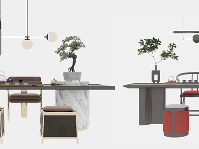 Modern Tea Table And Chairs With Marble Countertop Hanging Lights And Potted Plants 3d model
