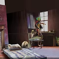 Colorful Clown Game Movie Character With Green Hair Playing Violin In Old Room