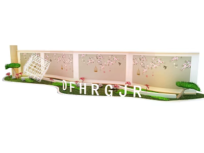 Scenic Photo Check in Spot With Cherry Blossoms White Lattice Green Plants And Decorative Backdrop 3d model