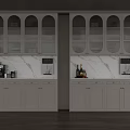 Modern White Wine Cabinet With Arched Glass Doors Interior Lighting Marble Countertop And Wine Bottles