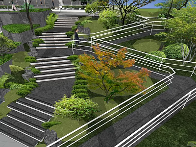 Scenic Park Landscape With Stone Steps White Railings And Maple Tree With Orange Leaves 3d model