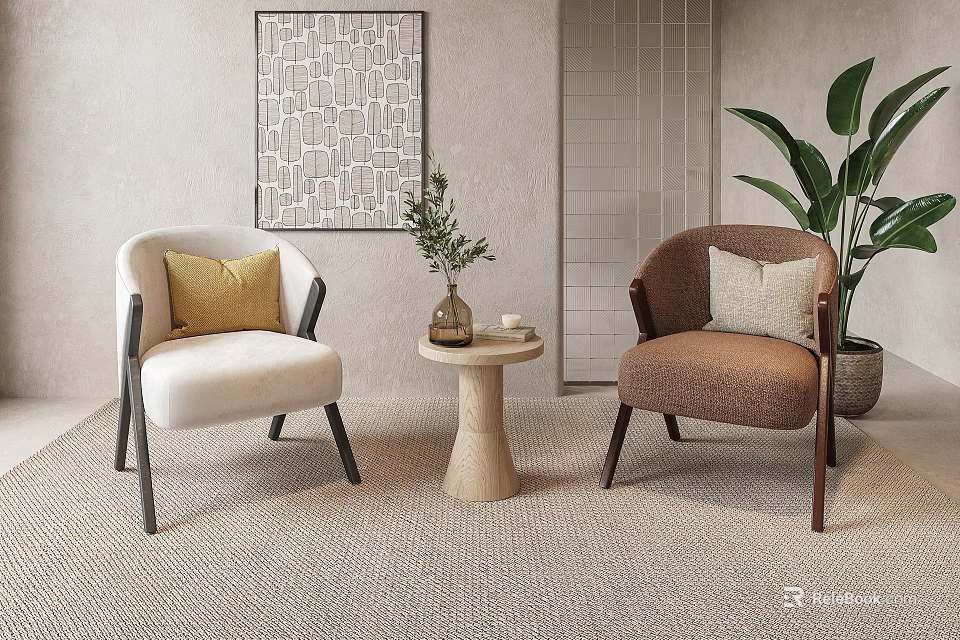 Leisure Sofa Set with Two Chairs Different Colors Small Round Table and Green Plants 3d model