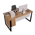 Wooden Office Desk With Computer Monitor Keyboard Mouse Pen Holder Books And Magazine