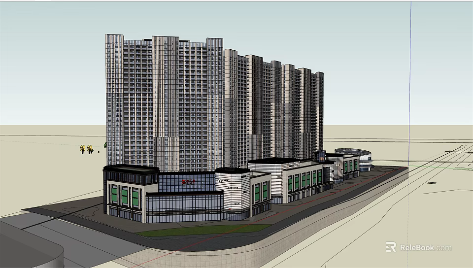 Commercial Street with High Rise Residential Buildings and Modern Retail Shops 3d model 