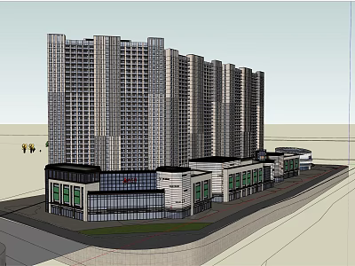 Commercial Street with High Rise Residential Buildings and Modern Retail Shops 3d model