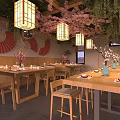 Japanese Style Restaurant Interior With Wooden Tables Cherry Blossom Decor Hanging Lanterns And Green Plants