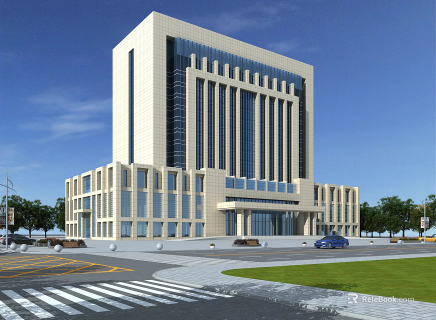 Modern Office Building Featuring Glass Curtain Walls Light Colored Facade And Plaza Lawn Trees 3d model 