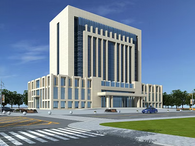 Modern Office Building Featuring Glass Curtain Walls Light Colored Facade And Plaza Lawn Trees 3d model