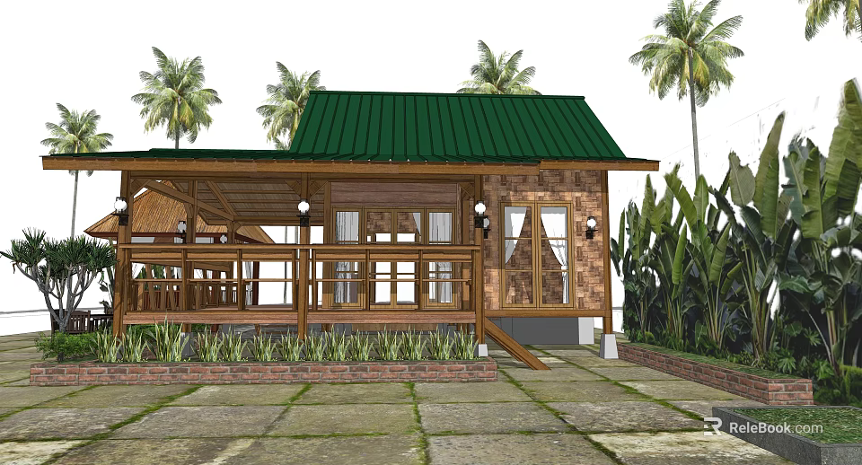 Rustic Wooden Guesthouse Featuring Green Roof Veranda Palm Trees And Stone Pavement 3d model 