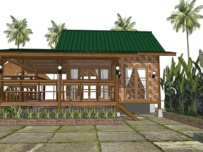 Rustic Wooden Guesthouse Featuring Green Roof Veranda Palm Trees And Stone Pavement 3d model