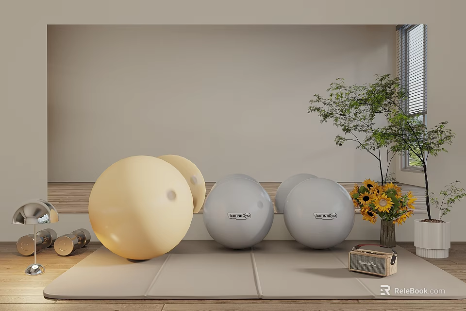 Fitness Equipment Set With Yellow And Gray Exercise Balls Dumbbells On Yoga Mat 3d model 