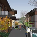 Vibrant Commercial Street with Traditional Buildings Autumn Trees and Pedestrian Seating Areas