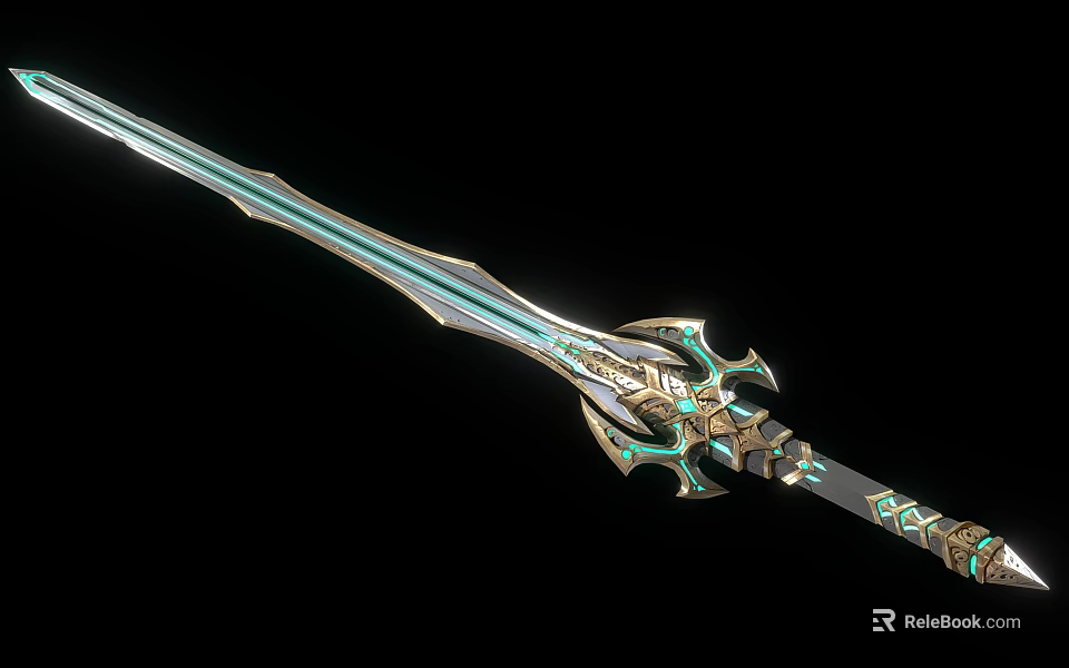 Ornate Ancient Sword With Intricate Hilt Golden Decorations And Green Accents 3d model 