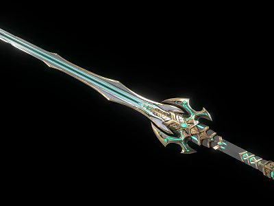 Ornate Ancient Sword With Intricate Hilt Golden Decorations And Green Accents 3d model