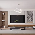 Modern Living Room With Sofa Brown Pillows Black Coffee Table Marble Wall Circular Pendant Light