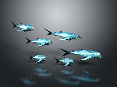 Group of Blue Low Poly Style Fish Swimming in Dark Background with Shiny Reflection 3d model
