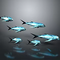 Group of Blue Low Poly Style Fish Swimming in Dark Background with Shiny Reflection
