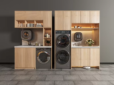 Modern Laundry Room With Front Loading Washing Machines And Wooden Cabinets 3d model