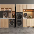 Modern Laundry Room With Front Loading Washing Machines And Wooden Cabinets