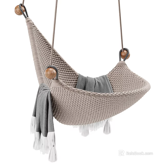 Beige Knitted Hanging Chair With Wooden Accents And Gray Fringed Blanket 3d model 