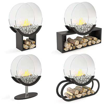 Modern Glass Enclosed Fireplace Featuring Flames Stones Firewood Storage Designs 3d model