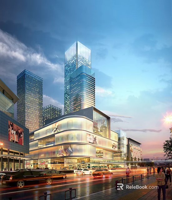 Modern High Rise Commercial Buildings With Glass Facades And Shopping Mall At Twilight 3d model 