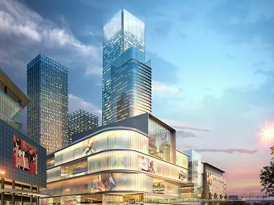 Modern High Rise Commercial Buildings With Glass Facades And Shopping Mall At Twilight 3d model