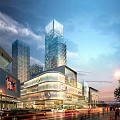 Modern High Rise Commercial Buildings With Glass Facades And Shopping Mall At Twilight