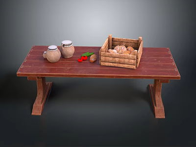 Rustic Wooden Table With Clay Jars Red Berries Nuts And Bread Crate 3d model