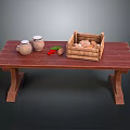 Rustic Wooden Table With Clay Jars Red Berries Nuts And Bread Crate