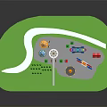 Colorful Amusement Park Rides With Ferris Wheel Carousel Tent Trees Path And River
