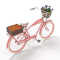 Vintage Pink Bicycle With Wicker Basket Purple Flowers And Rear Wooden Crate